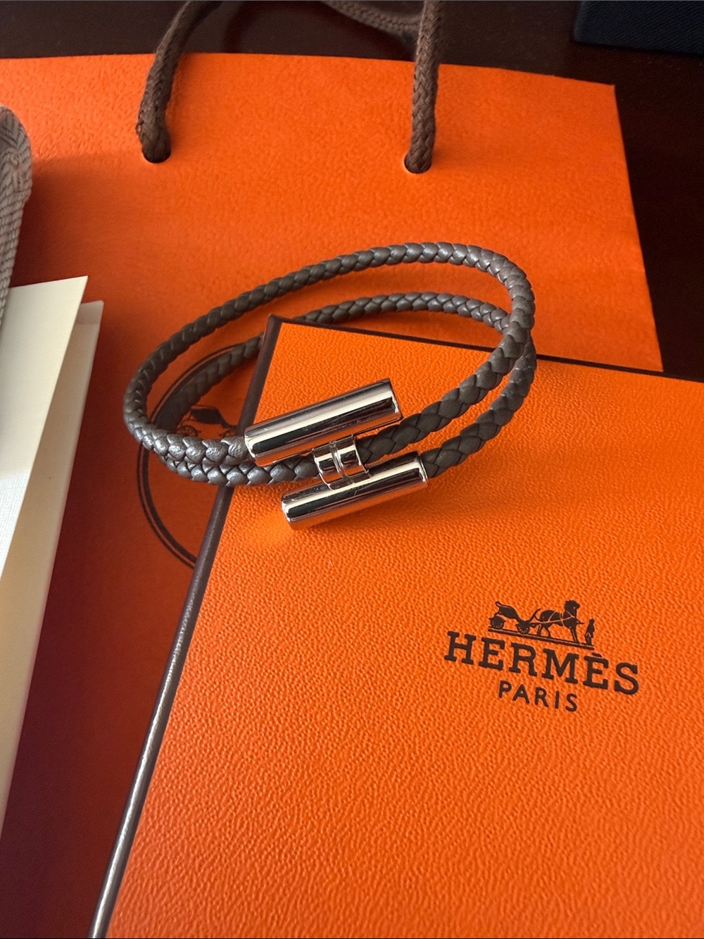 Hermes Tournis gray Braided Leather Double-Wrap Bracelet size T3